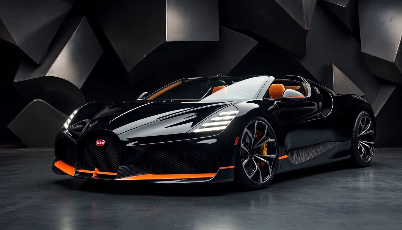 A cutting-edge Bugatti W16 Mistral showcased in a futuristic,Red Bugatti Logo abstract environment with a dark and moody color palette. The car is sleek and polished, with a deep, glossy black finish accented by vibrant orange lines that highlight its contours. It stands against a backdrop of fragmented geometric shapes and metallic structures that seem to break apart and twist around it, adding a dynamic sense of movement and energy. The reflections on the car's surface capture hints of the surrounding environment, blending the vehicle with the abstract elements, creating a seamless fusion of art and technology.