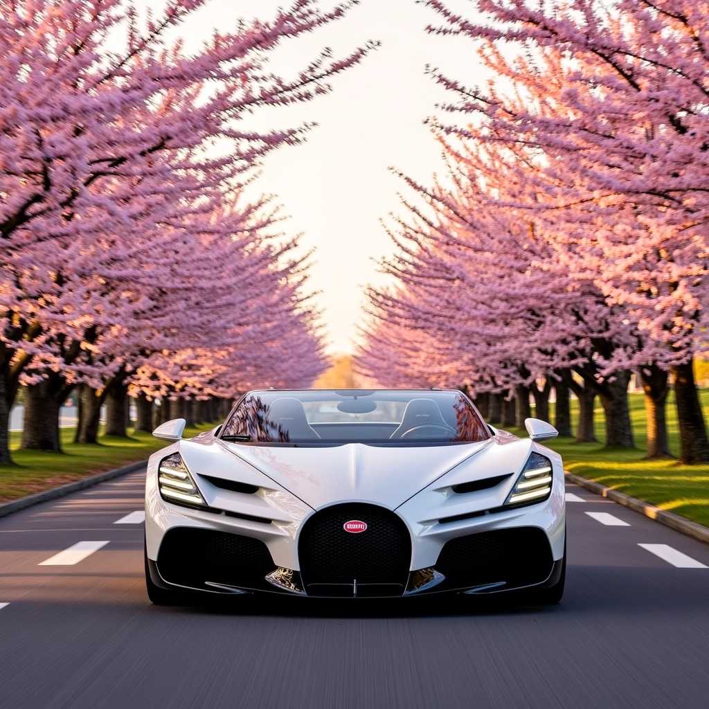 A sleek, white Bugatti W16 Mistral, bugatti logo, cruises down a serene road lined with blooming cherry blossom trees in full bloom. The delicate pink petals create a stunning contrast against the car's glossy, aerodynamic body, reflecting the soft, golden light of the setting sun. The atmosphere is tranquil yet dynamic, with the cherry blossoms gently drifting down onto the road, adding a sense of motion and beauty to the scene. The car's sharp, modern design is emphasized by the natural elegance of the cherry blossoms, creating a harmonious blend of high-performance luxury and nature's grace.