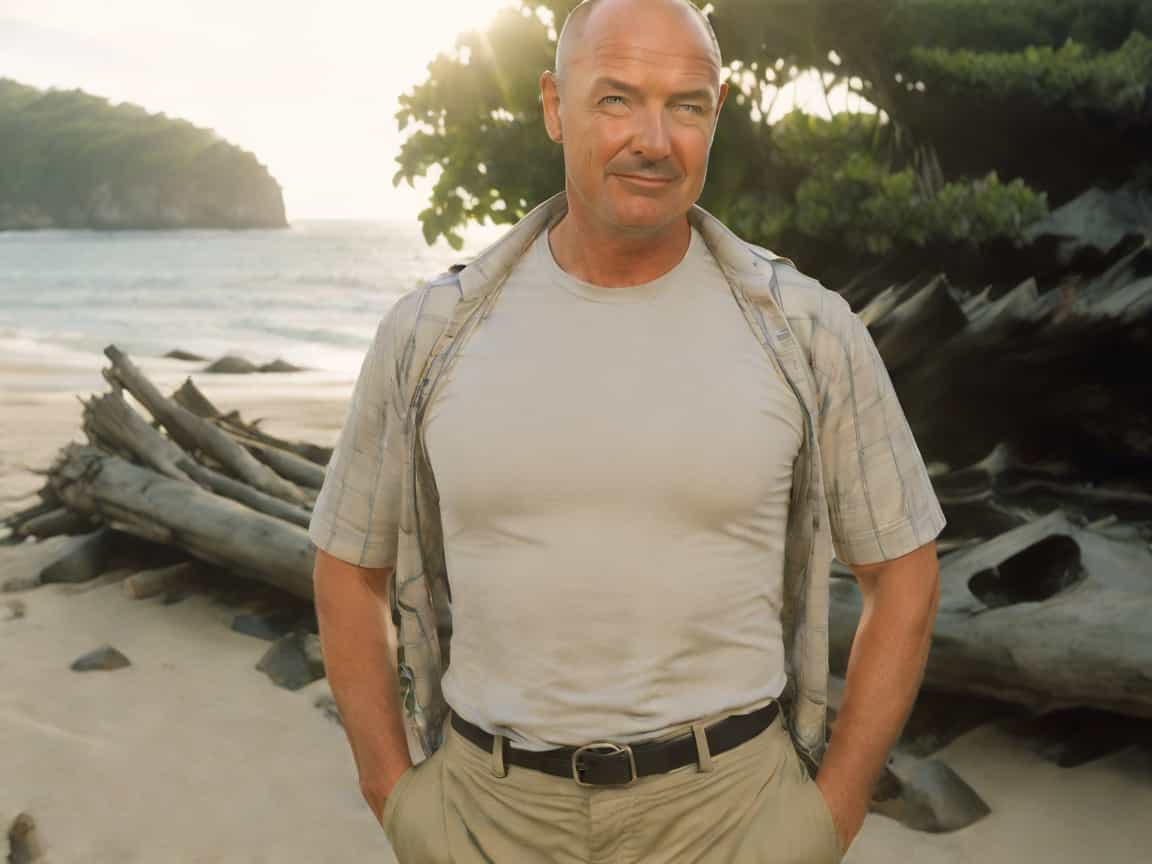 a photo of TOK, standing in a hunter's pose on a jungle beach at noon snar, he is wearing a gray shirt and khaki cargo pants with work boots, detailed clothing textures, expressive determined eyes, sunlight filtering through jungle canopy, sandy beach with scattered rocks and driftwood, lush green foliage in the background, clear blue sky, vibrant tropical atmosphere, realistic rendering, high-resolution,