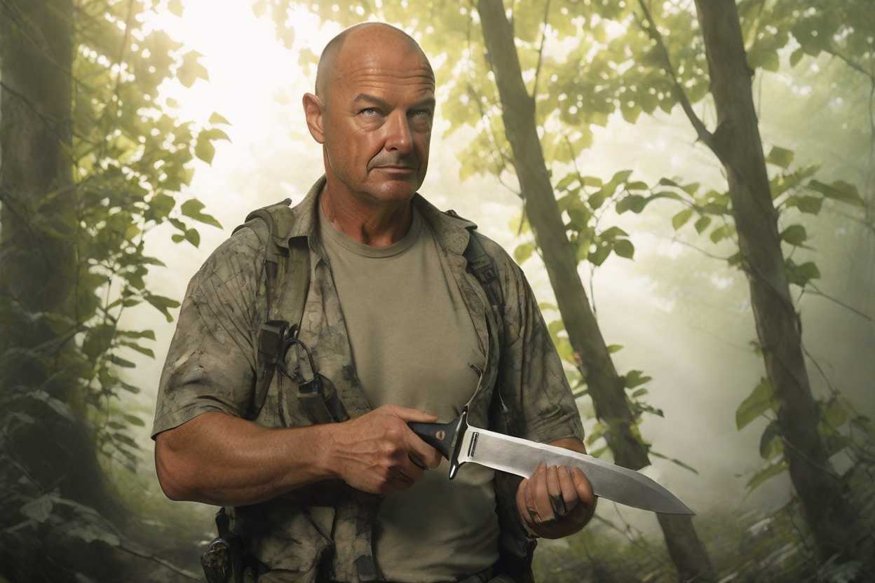 a photo of TOK, in detailed camouflage hunting gear with realistic textures, firmly gripping a shiny, worn knife against the bark of a tree. Background of a dense forest with tall trees and underbrush, dappled sunlight breaking through the canopy, slight fog creating a mysterious ambiance. The mood should be tense and focused with a sense of stealth and anticipation. Rendered in hyper-realistic