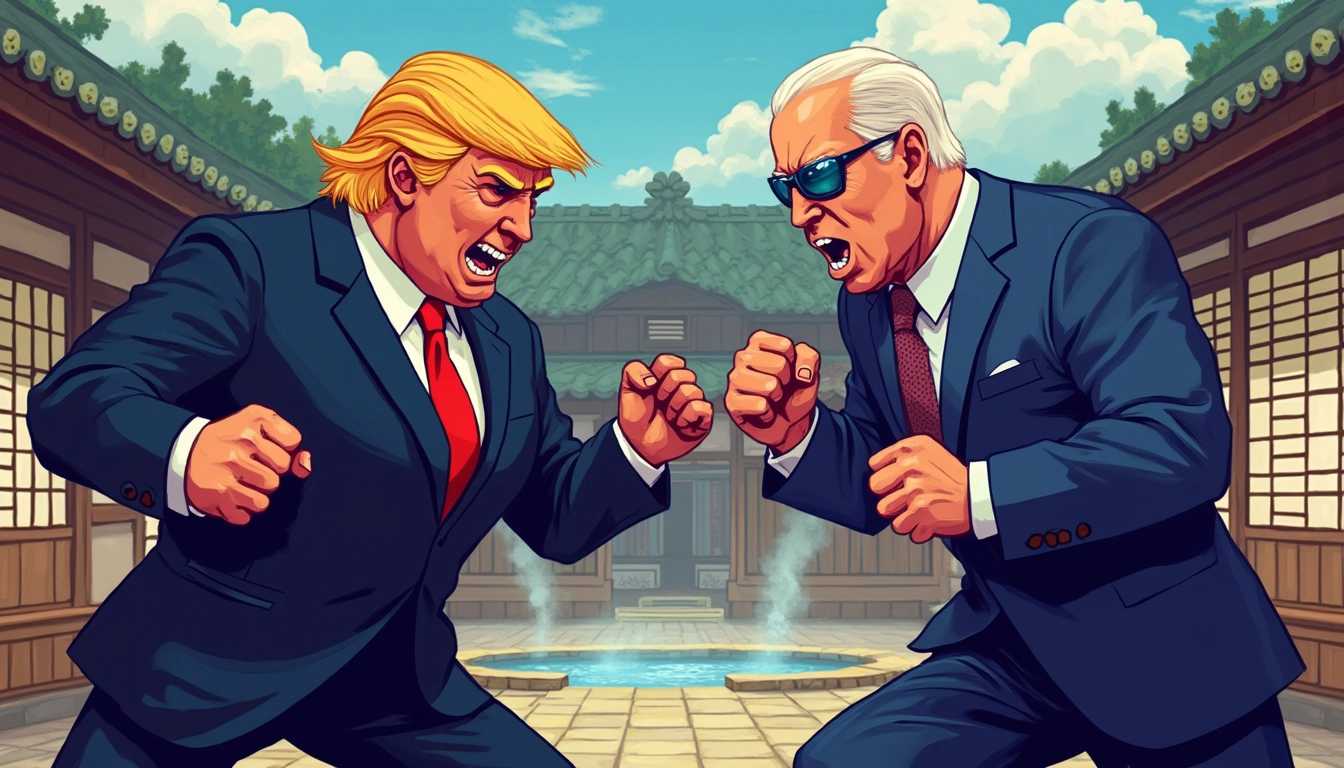 Donald Trump and Joe Biden engaging in an intense battle in a classic Street Fighter game environment and style. The scene is set in a vibrant, pixelated world reminiscent of 90s arcade games, with bright, exaggerated colors. Both characters are depicted in highly detailed, cartoonish renderings: Trump in a tailored suit and red tie, Biden in aviator sunglasses and a blue suit. Their exaggerated expressions and dynamic poses convey the energy and competitive spirit of the fight.

Background: An urban street scene typical of Street Fighter, with graffiti-covered walls, neon signs, and a cheering pixelated crowd. The ground is textured with cracked pavement, and barrels or boxes are casually placed around the stage. Lighting is high-contrast, emphasizing the characters' movements and outfits.

Camera angle: A side profile perspective, typical of fighting games, ensuring both characters are fully visible. The framing captures the mid-action poses, with Trump throwing a powerful punch while Biden prepares to dodge or counter.

Mood and Atmosphere: The scene is energetic and intense, with an atmosphere of competition and excitement. The background music is energetic and matching the tempo of the fight. 

Technical Aspects: Emulate the 16-bit graphic style, incorporating sprite-based animations and smooth transitions for character movements. Make use of vibrant