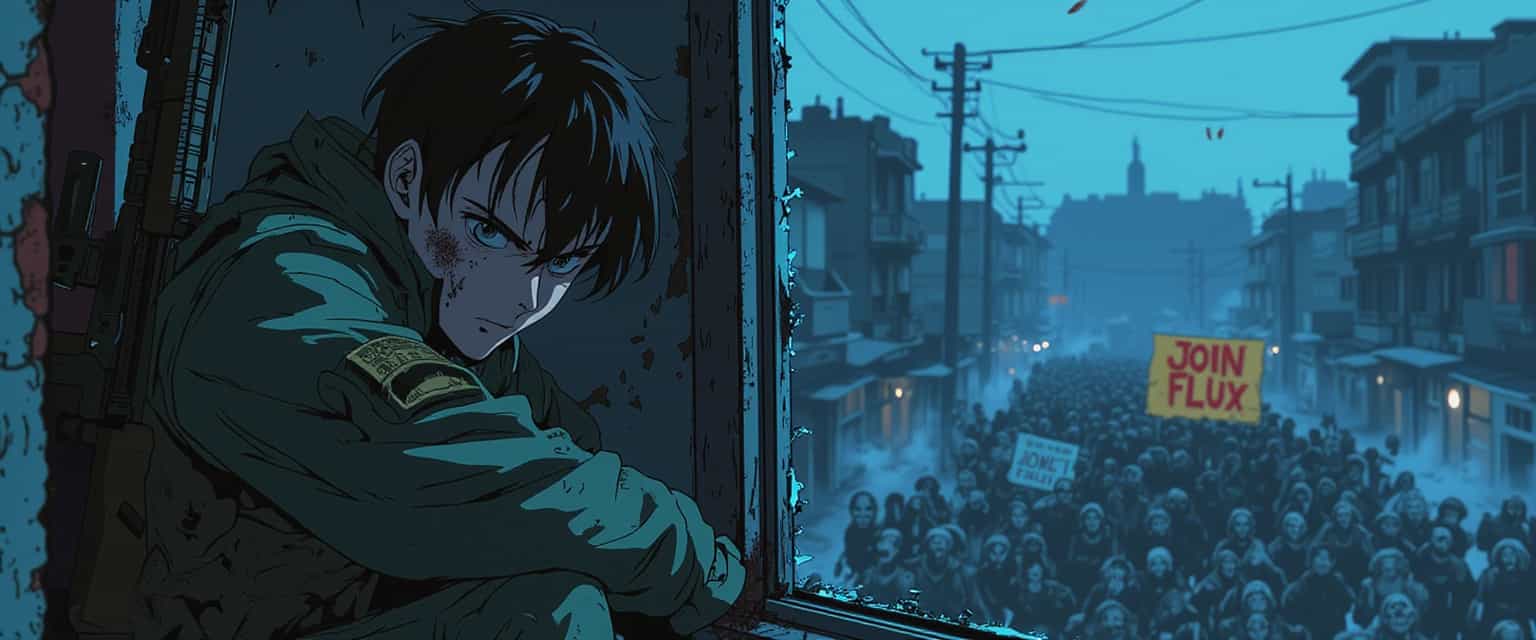 Anime style, Close-up portrait of a stranded soldier hiding from a horde of zombies in an abandoned town. The soldier, with a dirty, weathered face, is hiding on the third floor of a half-destroyed building. He is sitting by a shattered window, which has a few shards of glass still hanging, his automatic rifle leaning against the wall near him. Outside, the street is filled with a menacing crowd of zombies, some holding tattered paper signs with "JOIN FLUX" written in blood. The scene is bathed in the eerie, cold blue light of the early dawn, creating long shadows. Dust particles float in the air, illuminated by the dim light filtering through the ruins. The soldier’s camouflage uniform is torn and stained, and his eyes convey a sense of desperation and fatigue. The building's decaying walls and exposed metal beams add to the atmosphere of despair. The overall tone is one of intense suspense and tension, with a gritty, post-apocalyptic aesthetic. The composition focuses tightly on the soldier's face and eyes, capturing the detail and emotion, while giving a glimpse of the chaos outside.