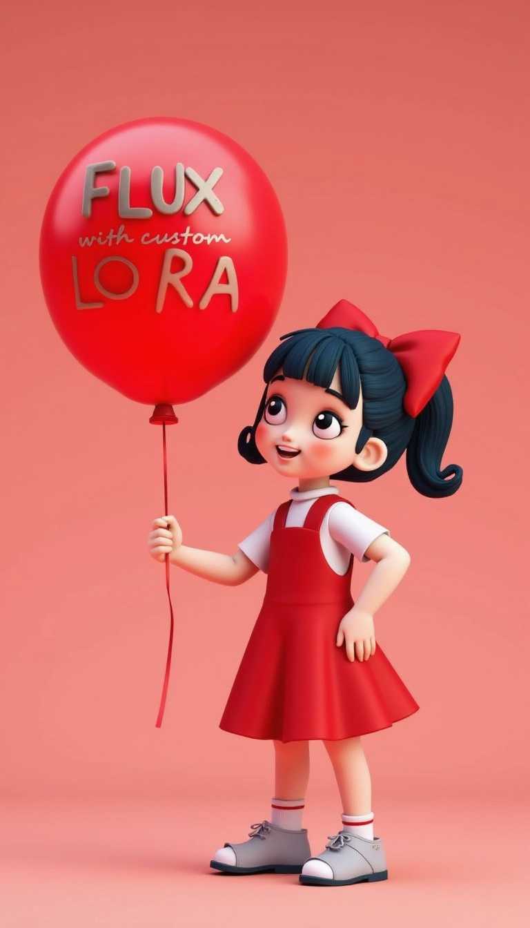 3DMM, cute girl in a one-piece dress, she is holding a giant red balloon with "FLUX with custom LoRA" written on it