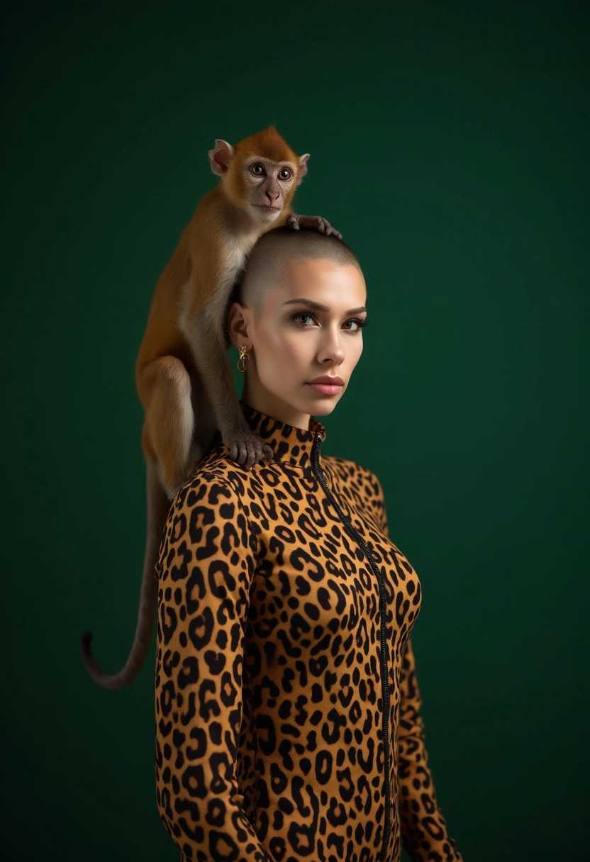 portrait of a monkey and a shaved head standing on the shoulder of a young, cunning woman dressed in leopard clothing. This photo is in the editorial style of studio photography, hyper-realistic in nature, on a dark green background. Shot on a Canon EOS R5
