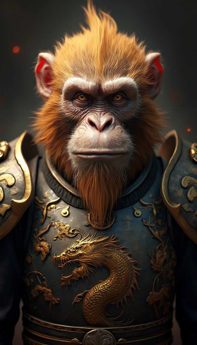 A mythological monkey king with armor, dark background, symmetrical composition, movie poster style, game character design, detailed facial features, golden hair and beard, movie lighting effects, symmetrical body proportions, golden dragon pattern on the chest of his costume, 3D rendering, Unreal Engine 5, high resolution, ultra-detailed in the style of a Chinese artist.