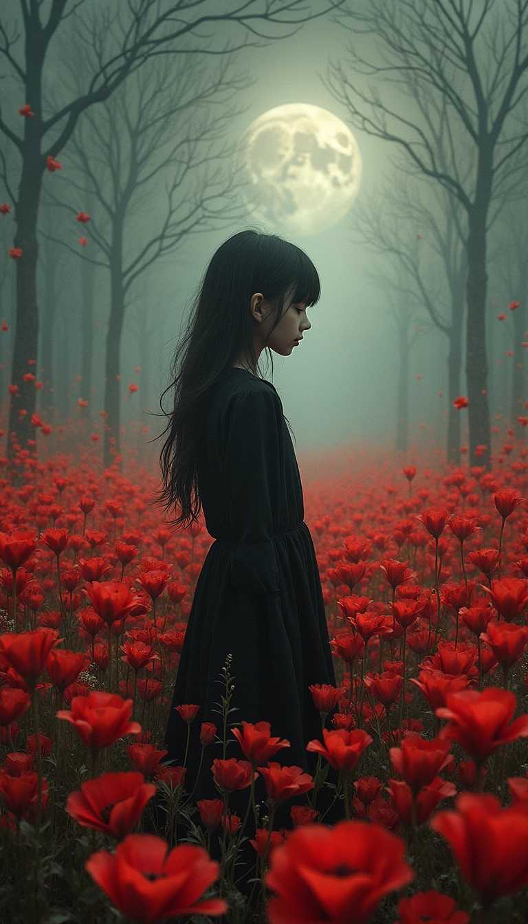 "Create a vivid, dreamlike image of a girl standing in a field of red flowers, with hyper-realistic details and a surreal, Beksiński-inspired atmosphere. The scene should blend eerie beauty with nightmarish elements, capturing a hauntingly vivid dreamscape where the girl's presence feels both ethereal and unsettling. Emphasize intricate details and a vivid, unsettling atmosphere that blurs the line between dream and nightmare."