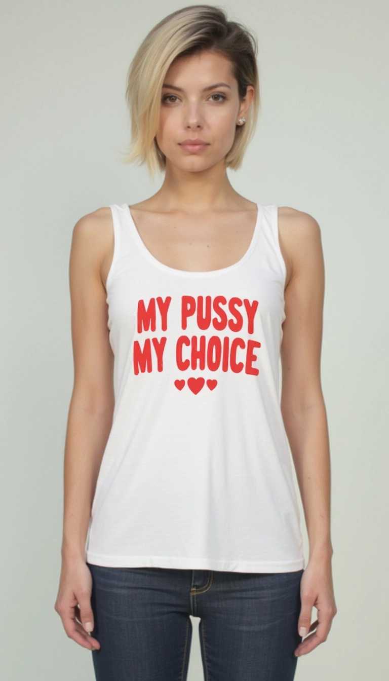 This image features a person standing against a plain, light-colored background. The person is wearing a white tank top with a bold, graphic design in red font that reads MY PUSSY MY CHOICE with hearts on either side of the text. The tank top has a scoop neckline and is sleeveless, showing the persons arms and shoulders. The persons hair is short and appears to be dyed with blonde and darker roots, styled in a modern, edgy cut. The art style of the image is contemporary and minimalist, with a focus on the text and the subjects pose. The medium appears to be a photograph, given the clarity and lighting of the image. The colors are primarily white and red. The overall mood of the image is casual and confident, with a touch of playfulness and the tank tops message.