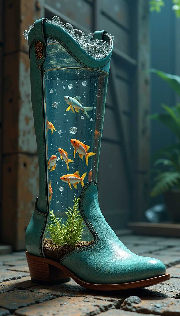 realistic photo of steampunk women's boots with transparent needles filled with water with small multicolored fish locked in the boot that serves as an aquarium, hdr, unreal engine, hyperrealistic
