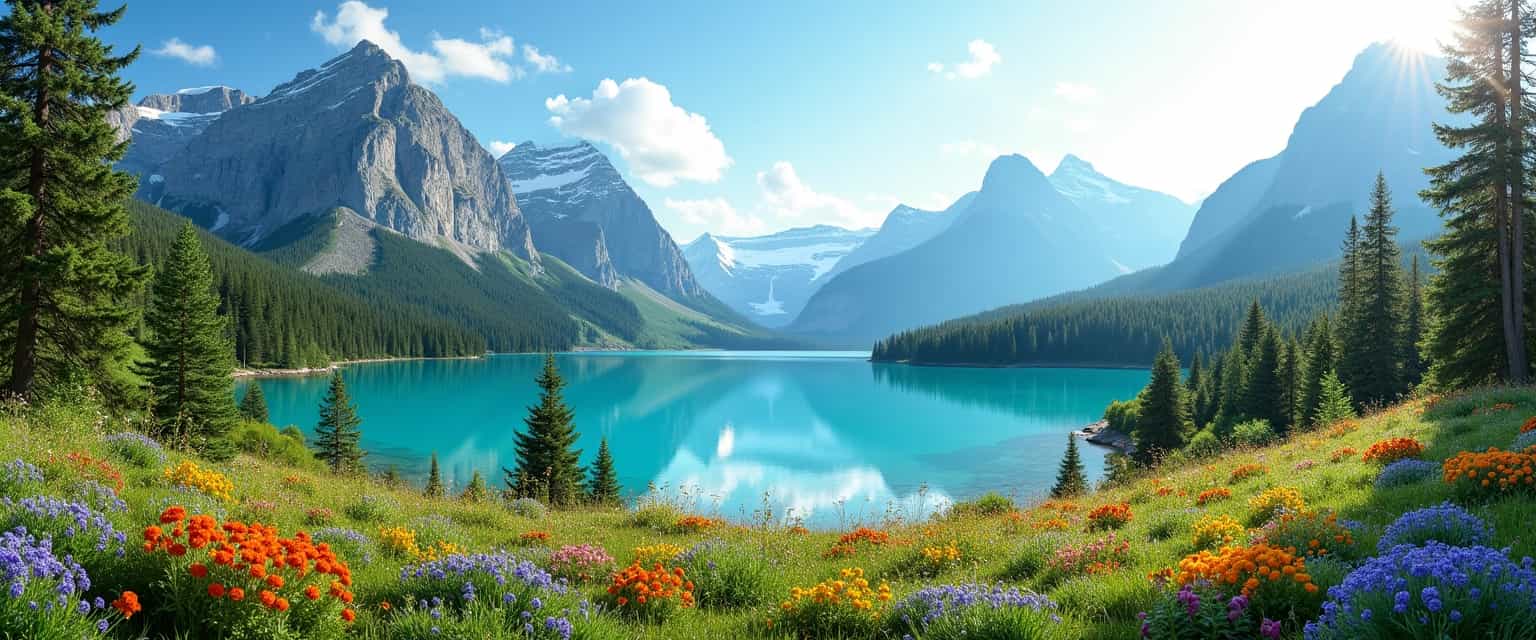 Banner design, horizontal orientation, 200 pixels height. Large print title "imgshot" in elegant, bold font, centered. Background: a collage of vibrant, high-resolution nature scenes seamlessly blended together. Elements include lush forests with dense greenery, serene lakes with crystal-clear water reflecting the sky, majestic mountains with snowy peaks, and colorful meadows filled with wildflowers. Soft sunlight casts gentle shadows, creating depth. Atmospheric ambience: tranquil and refreshing, reminiscent of a peaceful day in untouched wilderness.