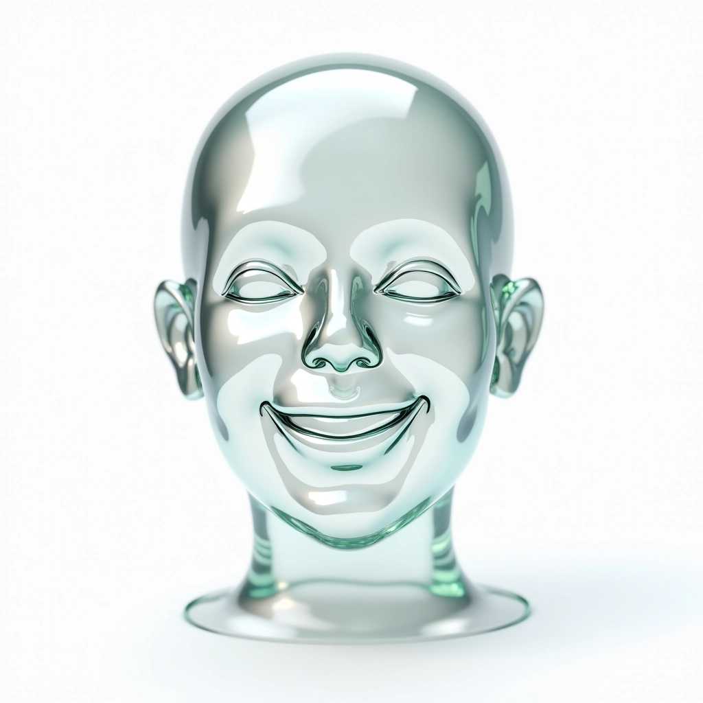 3d professional color logo person's face made of glass, a glass clear transparent body of a person's face, looking at viewer smiling,  on white background