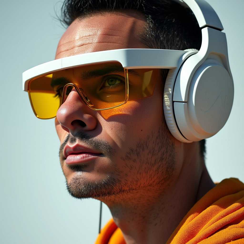 a photo portrait of BLOVE Superman looking at viewer, wearing high-end thick white fashion sunglasses, clear frames and yellow tint lenses, wearing futuristic headphones