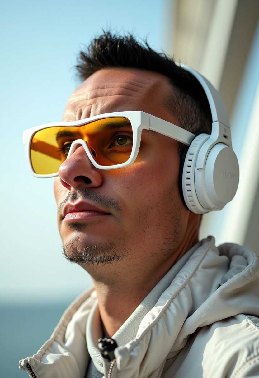 a photo of BLOVE, man with short hair, looking at viewer, wearing high-end thick white fashion sunglasses, clear frames and yellow tint lenses, wearing futuristic headphones