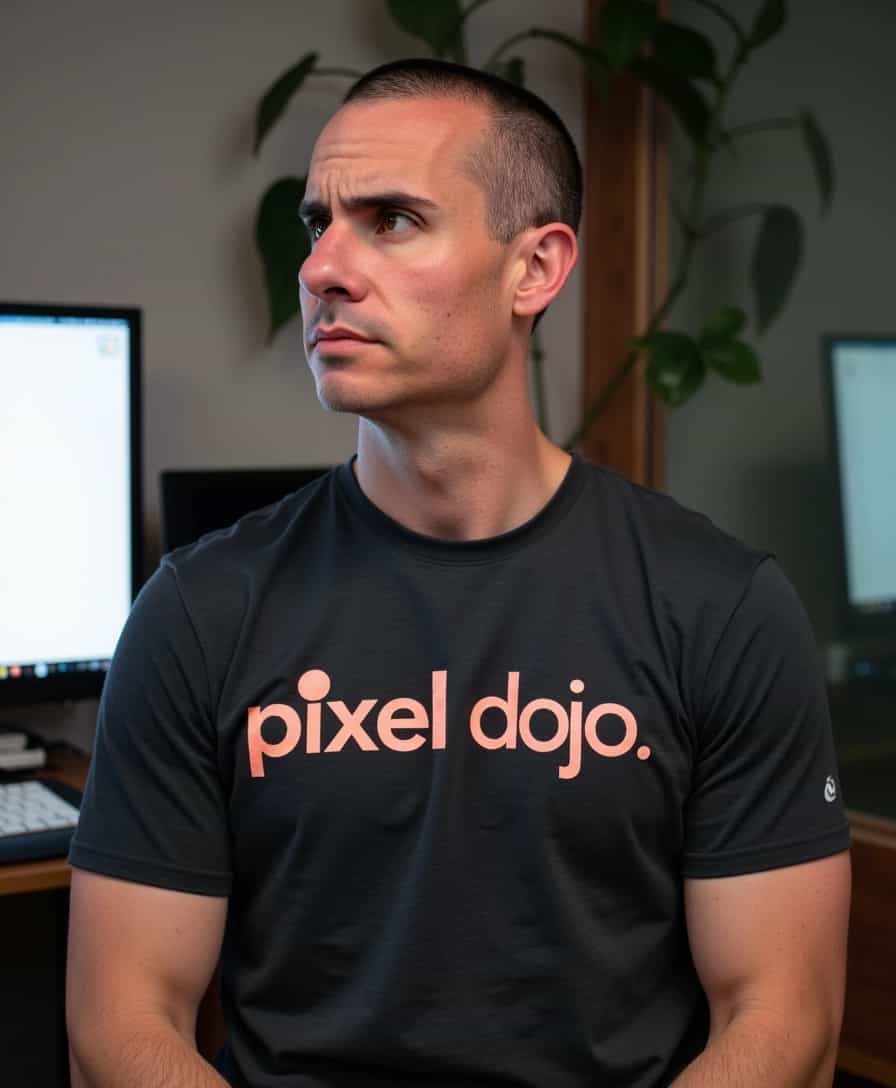a photo of BLOVE, man with short buzzed  hair, looking at viewer, wearing a shirt that says Pixel Dojo