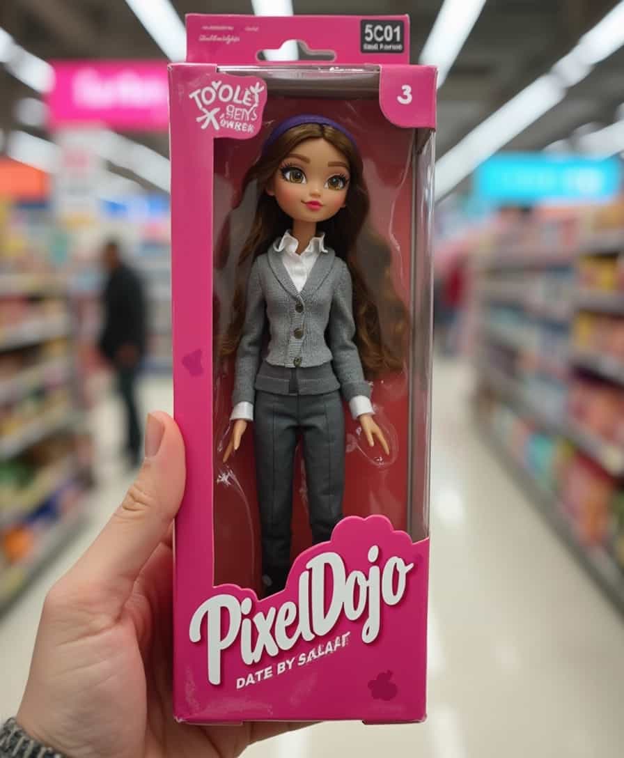 a photo of a 0_1 woman toy doll wearing a grey sweater and suit trousers, in its garish plastic sealed box, on the box it says "PixelDojo" as the product title in friendly typeface, the box is being held in a hand, in the background is a supermarket toy store blurred out