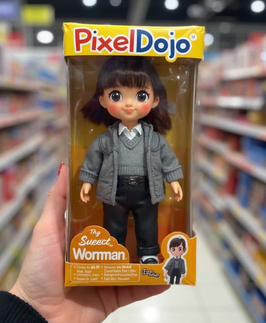 a photo of a 0_1 woman toy doll wearing a grey sweater and suit trousers, in its garish plastic sealed box, on the box it says "PixelDojo" as the product title in friendly typeface, the box is being held in a hand, in the background is a supermarket toy store blurred out