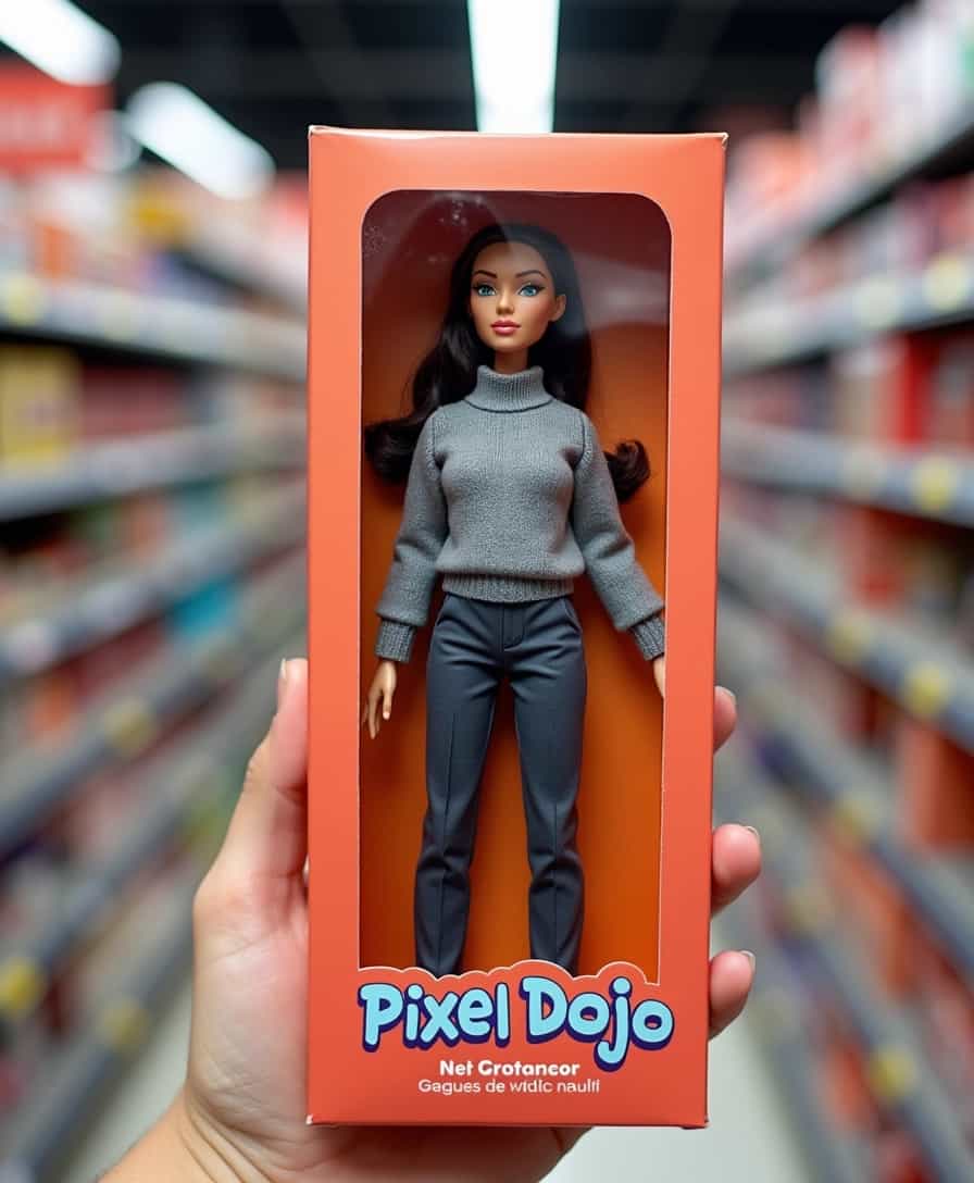 a photo of a 0_1 woman toy doll wearing a grey sweater and suit trousers, in its garish plastic sealed box, on the box it says "PixelDojo" as the product title in friendly typeface, the box is being held in a hand, in the background is a supermarket toy store blurred out
