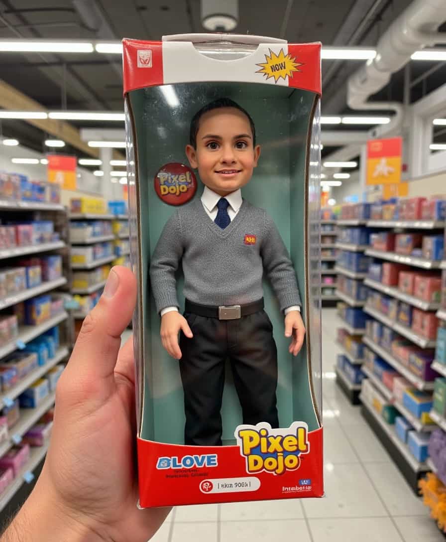 a photo of BLOVE man,  toy doll wearing a grey sweater and suit trousers, in its garish plastic sealed box, on the box it says "PixelDojo" as the product title in friendly typeface, the box is being held in a hand, in the background is a supermarket toy store blurred out