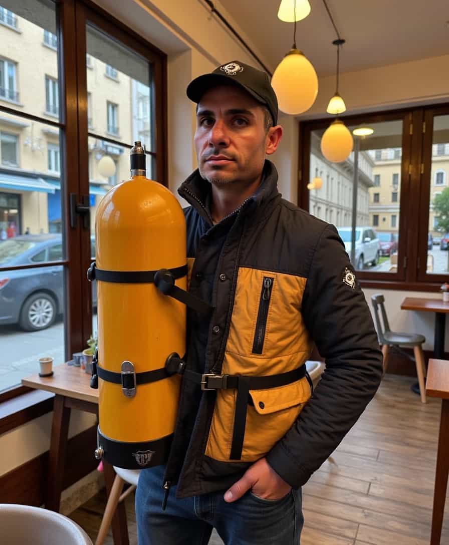 a photo of BLOVE man, wearing a jet pack in a cafe in lisbon