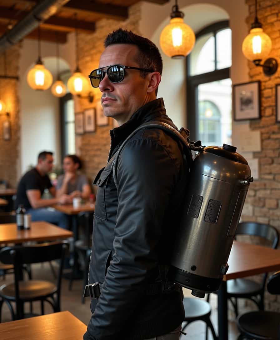a photo of BLOVE,  man wearing a jet pack in a cafe in lisbon