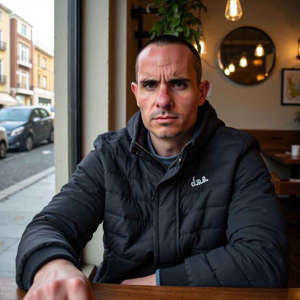 a photo of BLOVE man with buzzed hair, wearing cool clothes in a cafe in lisbon