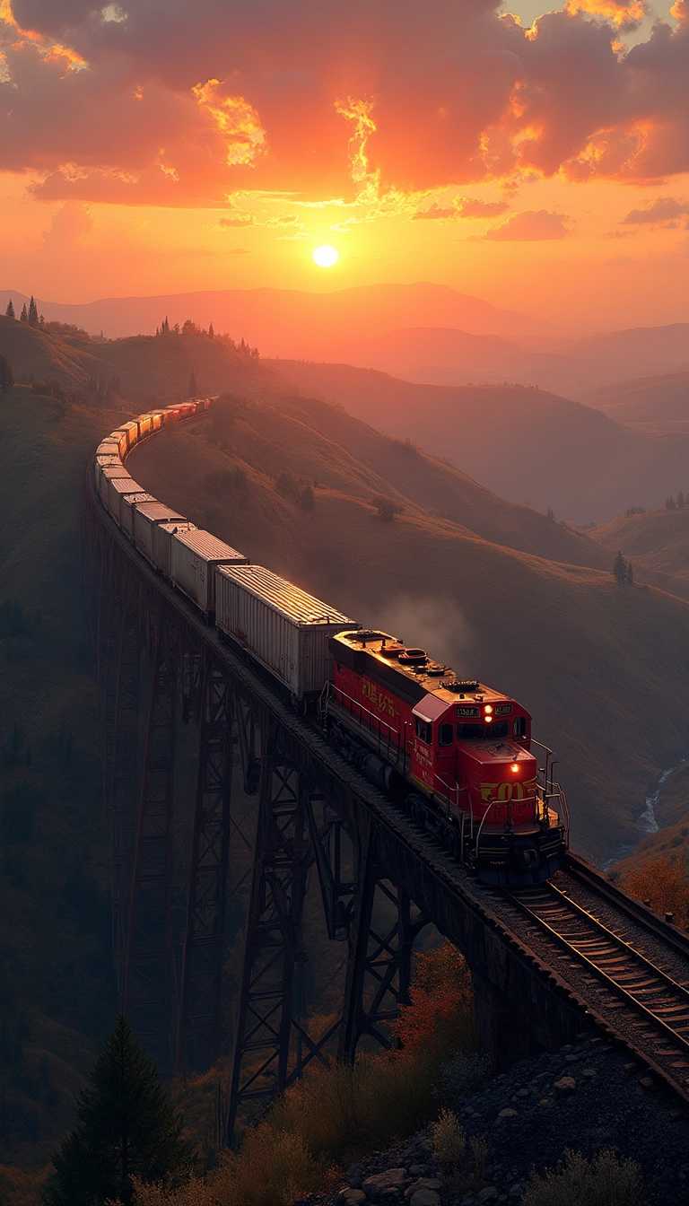 This image captures a breathtaking sunset scene featuring a long train traversing a large, steel truss bridge. The train, with its bright red locomotive leading a series of silver freight cars, cuts a striking figure against the warm hues of the setting sun. The bridge, supported by numerous steel beams and cross braces, stretches across a valley with rolling hills in the background.The art style of the photograph is realistic, with a touch of impressionism, as evidenced by the soft blending of colors and the play of light and shadow. The medium appears to be a highresolution digital capture, given the clarity and sharpness of the details.The colors in the image are rich and vibrant, with the sunset casting a gradient of orange to yellow to purple across the sky. The train and the bridge are primarily in shades of red and silver, which stand out against the warm tones of the evening. The rolling hills in the distance are a mix of browns and greens, with the greenery suggesting the presence of grass or shrubs.Objects in the image include the train, the steel truss bridge, the rolling hills, and the setting sun. The train is the focal point, with its movement adding dynamism to the otherwise serene landscape. The bridge is a testament to engineering, with its impressive structure spanning the valley. The rolling hills in the background add depth and context to the scene, while the setting sun imbues the entire image with a sense of tranquility and majesty.Overall, the image is a harmonious blend of human engineering, natural beauty, and the ephemeral moments of the days end.