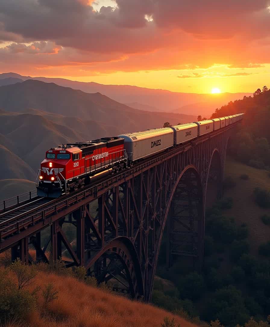 This image captures a breathtaking sunset scene featuring a long train traversing a large, steel truss bridge. The train, with its bright red locomotive leading a series of silver freight cars, cuts a striking figure against the warm hues of the setting sun. The bridge, supported by numerous steel beams and cross braces, stretches across a valley with rolling hills in the background.The art style of the photograph is realistic, with a touch of impressionism, as evidenced by the soft blending of colors and the play of light and shadow. The medium appears to be a highresolution digital capture, given the clarity and sharpness of the details.The colors in the image are rich and vibrant, with the sunset casting a gradient of orange to yellow to purple across the sky. The train and the bridge are primarily in shades of red and silver, which stand out against the warm tones of the evening. The rolling hills in the distance are a mix of browns and greens, with the greenery suggesting the presence of grass or shrubs.Objects in the image include the train, the steel truss bridge, the rolling hills, and the setting sun. The train is the focal point, with its movement adding dynamism to the otherwise serene landscape. The bridge is a testament to engineering, with its impressive structure spanning the valley. The rolling hills in the background add depth and context to the scene, while the setting sun imbues the entire image with a sense of tranquility and majesty.Overall, the image is a harmonious blend of human engineering, natural beauty, and the ephemeral moments of the days end.