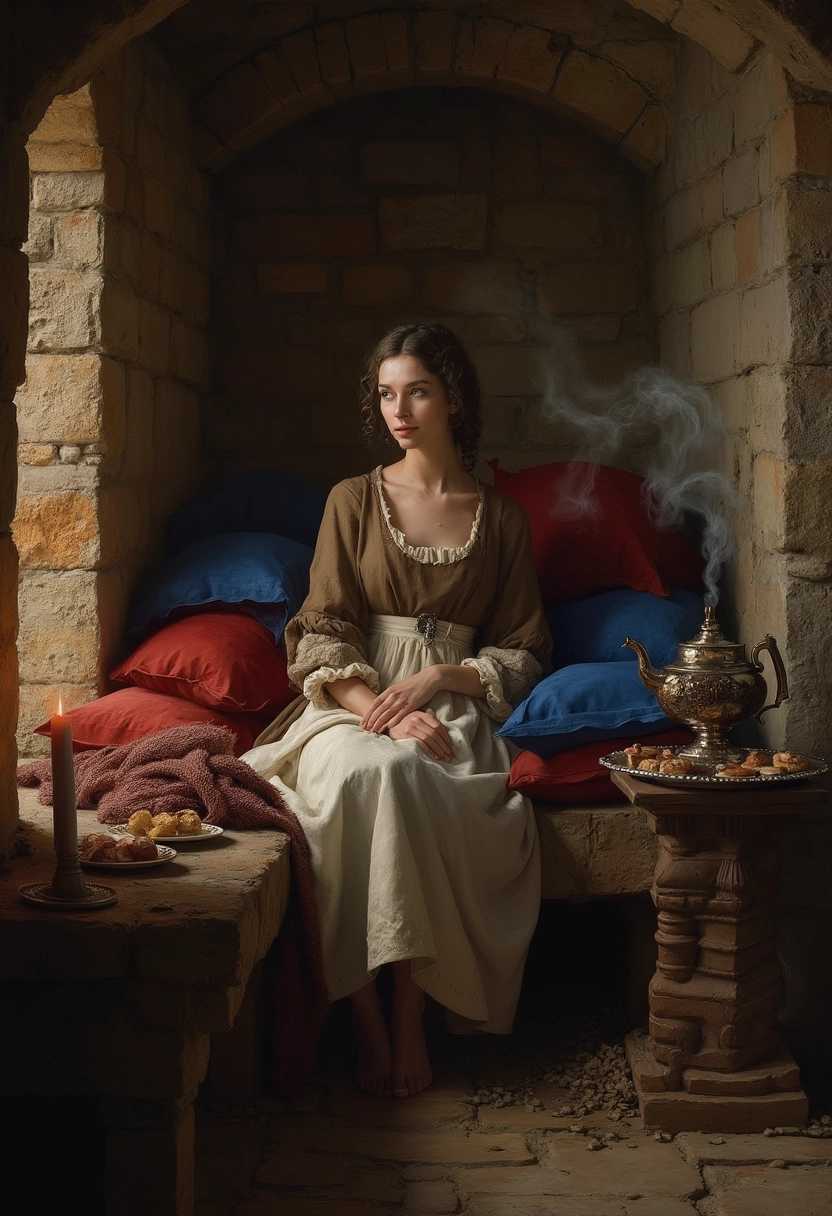 A medieval peasant woman, dressed in a simple but richly textured brown linen dress with a white apron, sits gracefully on a stone bench within a dimly lit castle dungeon cell. The rough-hewn stone walls of the cell are worn from age and seep with moisture, creating an authentic medieval ambiance. Luxurious, plush pillows in deep reds and royal blues are scattered around her, contrasted by the rustic simplicity of the cell. Soft, woolen blankets in earthy tones drape across the stone bench.

In the corner of the cell, a small wooden table holds a beautifully detailed, ornate teapot with steam gently swirling upward, and beside it, an arrangement of delicate tea cakes on a silver platter. The lighting of the scene is dim and atmospheric, with soft, golden candlelight casting flickering shadows that dance on the stone walls, emphasizing the contrasts between the opulence of the teapot and the stark surroundings. 

The scene is portrayed in a rich, painterly style reminiscent of the Dutch Golden Age, with meticulous attention to detail and texture, capturing the earthy tones and warm hues of the medieval setting. The woman's expression is one of serene contemplation, and the overall mood is paradoxically cozy and bleak, creating a sense of quiet resilience. The viewer's perspective is at eye