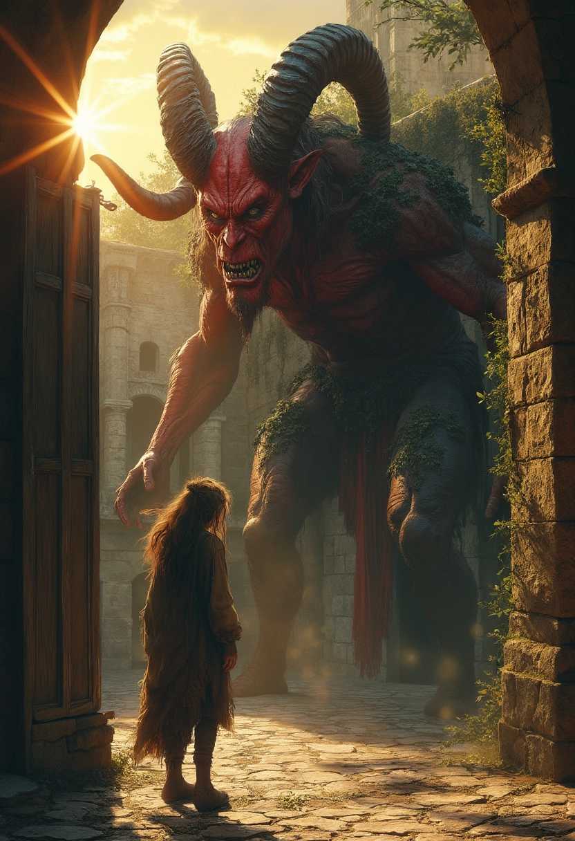 A witch wearing tattered peasant clothes, with earthy tones like dark browns and deep greens, stands defiantly in the cobblestone courtyard of a grand Spanish castle. The witch has wild, unkempt hair and an intense, determined expression, her cloak swirling around her in the evening wind. She confronts a towering demon, its skin a vivid red with black, gleaming eyes and menacing horns that curve like a ram's. The demon's muscular form is contrasted by the intricate details of its dark, ornate armor. 

The courtyard is bathed in the golden light of the setting sun, casting long shadows and illuminating the weathered stone walls and ancient, ivy-covered turrets of the castle. Small wisps of fog curl around the cobblestones, adding a mystical atmosphere. The scene is framed by the castle's heavy wooden gates and towering stone pillars, which add depth and grandeur to the composition. 

The overall mood is tense and dramatic, with the warm sunset hues clashing against the cold, dark presence of the demon. The style is reminiscent of a dark fantasy painting, with highly detailed textures and a slightly exaggerated, surreal quality to the figures. The camera angle is at eye level, capturing the intense standoff between the witch and the demon