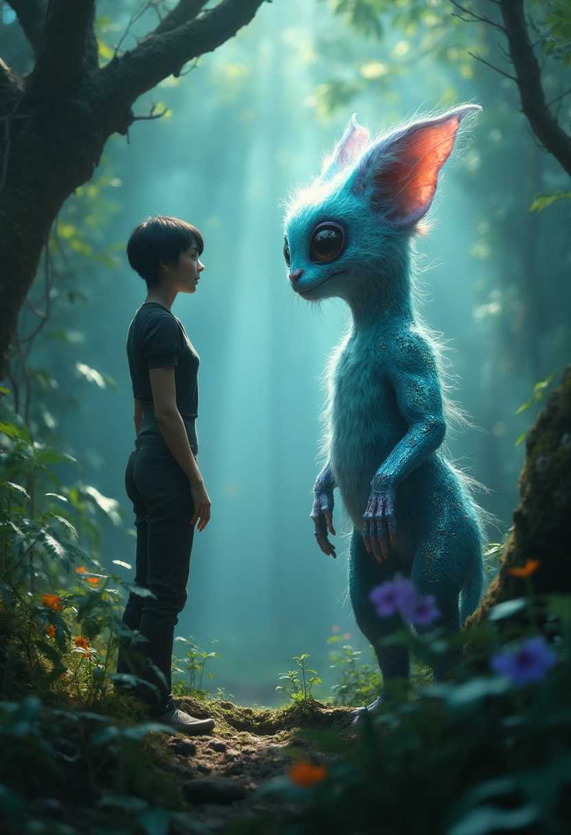 A short woman with short black hair, wearing a casual modern outfit, stands confidently in a lush, otherworldly forest. She engages in a conversation with an alien creature that has large, expressive eyes and a soft, iridescent fur. The alien's fur shimmers in shades of teal and violet under the dappled sunlight filtering through the dense canopy of towering, bioluminescent trees. The scene is bathed in a surreal glow, with hues of turquoise and lavender adding a magical quality. The woman stands just off-center, framed by the vibrant flora, with a mix of curiosity and amusement in her expression. Shot with a shallow depth of field, the background is textured yet slightly blurred, emphasizing the interaction between the woman and the alien. The atmosphere is a blend of wonder and tranquility, with ambient light creating a serene, almost ethereal mood. A slight mist hangs in the air, catching the light and enhancing the mystical ambiance of the scene.