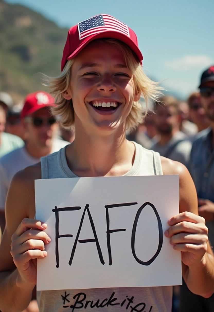 a guy, laughing, blonde, younger age, wearing a red baseball cap us flag colors, looking at viewer, holding a sign with the words "FAFO" 