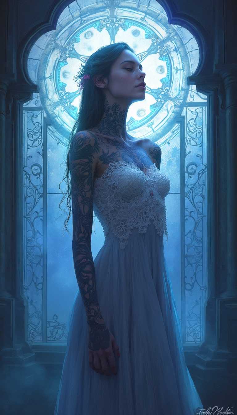 Enigmatic Elegance A Tattooed Lady in a Gossamer Gown
