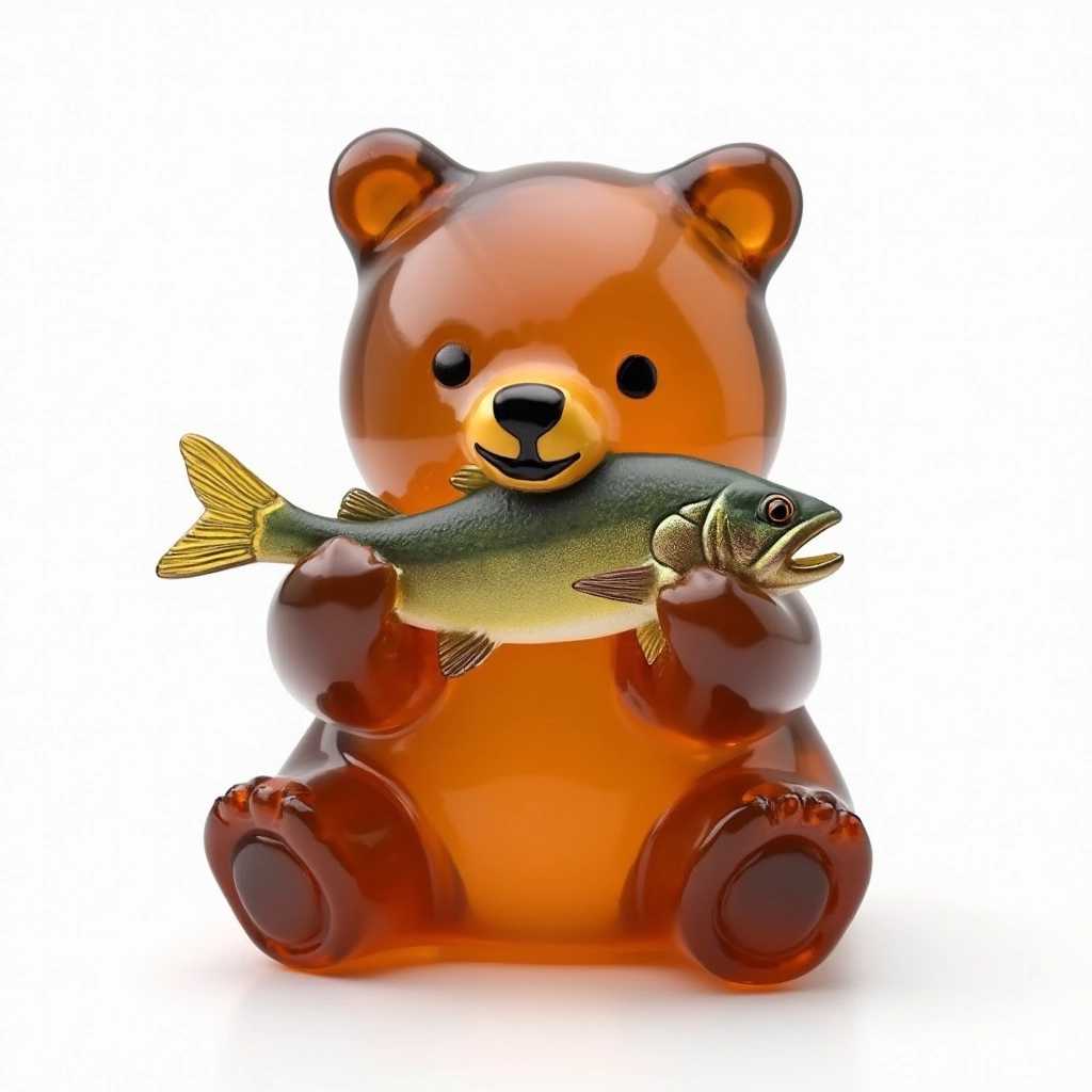 a transparent color glass grizzly bear (brown) with a fish in its mouth, white background
