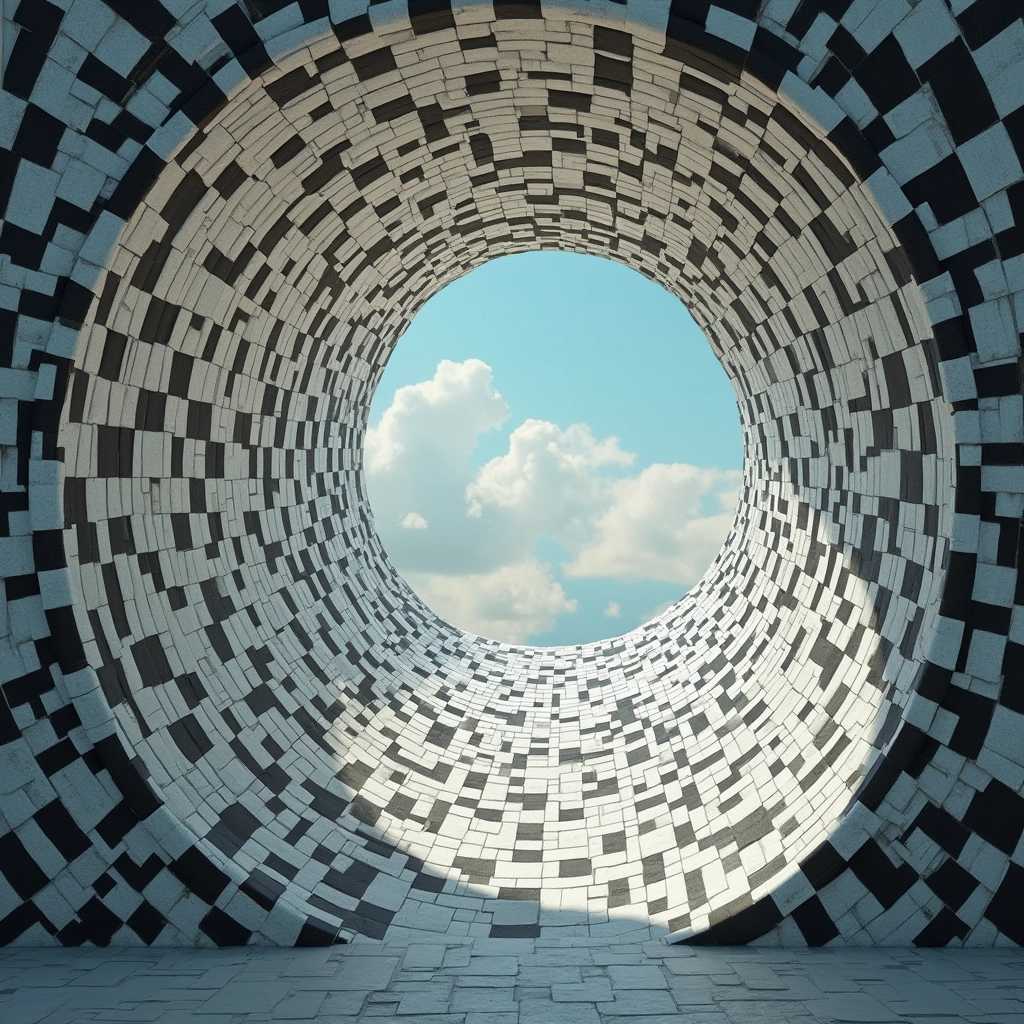 Create a  hyper realistic image of perfectly round hole in the wall, optical illusion paint with black and white squares, the wall is thick and the hole is cone shaped, cone end is 180°,  on middle draving depicts a sunny day. Denoise ,intricate details insanely illustrated,8k, HDR