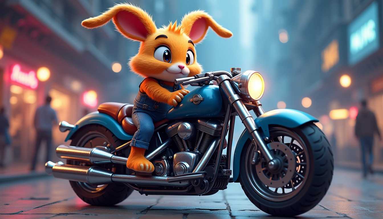 A whimsical motorcycle rabbit hybrid,  vibrant cartoon style,  detailed fur,  chrome motorcycle parts,  glowing eyes,  wide angle,  highly detailed,  8k resolution,  --ar:3:2 