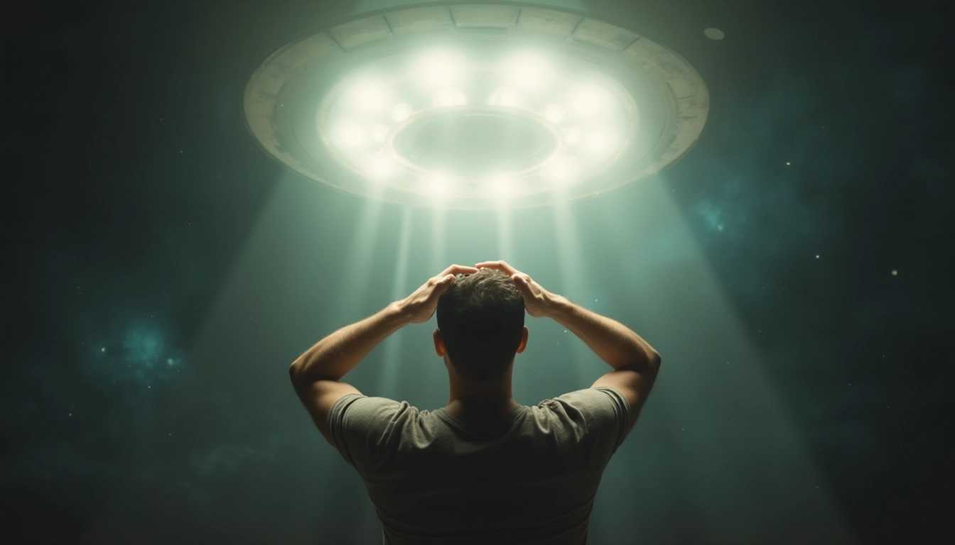 a man holding his head screams in fear as a ufo comes to beam him up