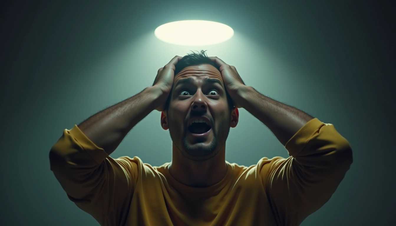 Man in Yellow with Hands on Head, Illuminated by Beam of Light