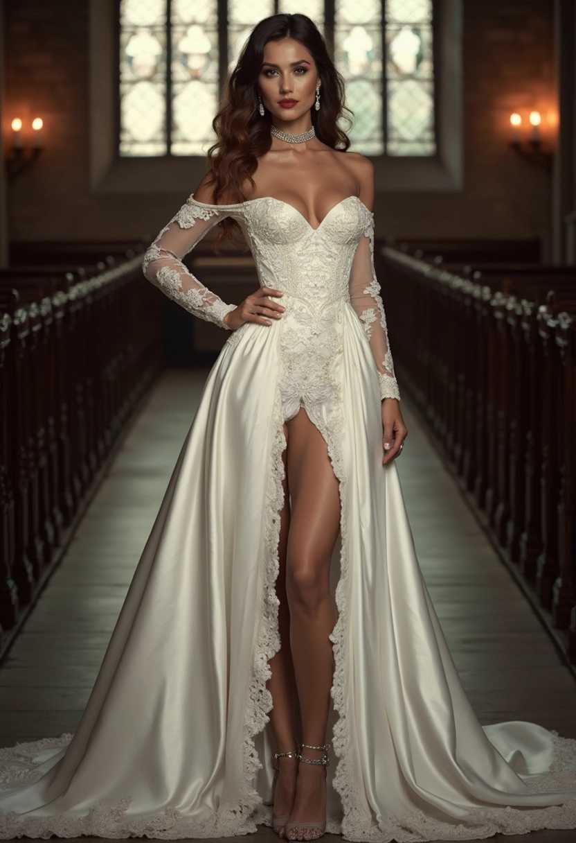 Bridal gown, white satin, corset bodice, sweetheart neckline, deep plunge, lace appliqué, sheer long sleeves, intricate floral patterns, fitted waist, flowing train, thigh-high slit, revealing garter, white lace, stockings, stiletto heels, silver accents, sparkling jewelry, diamond earrings, choker necklace, voluminous curls, tousled hair, smoky eye makeup, bold red lips, dramatic lighting, soft focus, romantic ambiance, candlelit, dimly lit church, stained glass windows, pews, altar, gothic architecture, vintage aesthetic, ethereal glow, soft shadows, warm tones, high contrast, shallow depth of field, close-up details, full-body shot, side profile, seductive pose, confident stance, elegance, allure, sensuality.