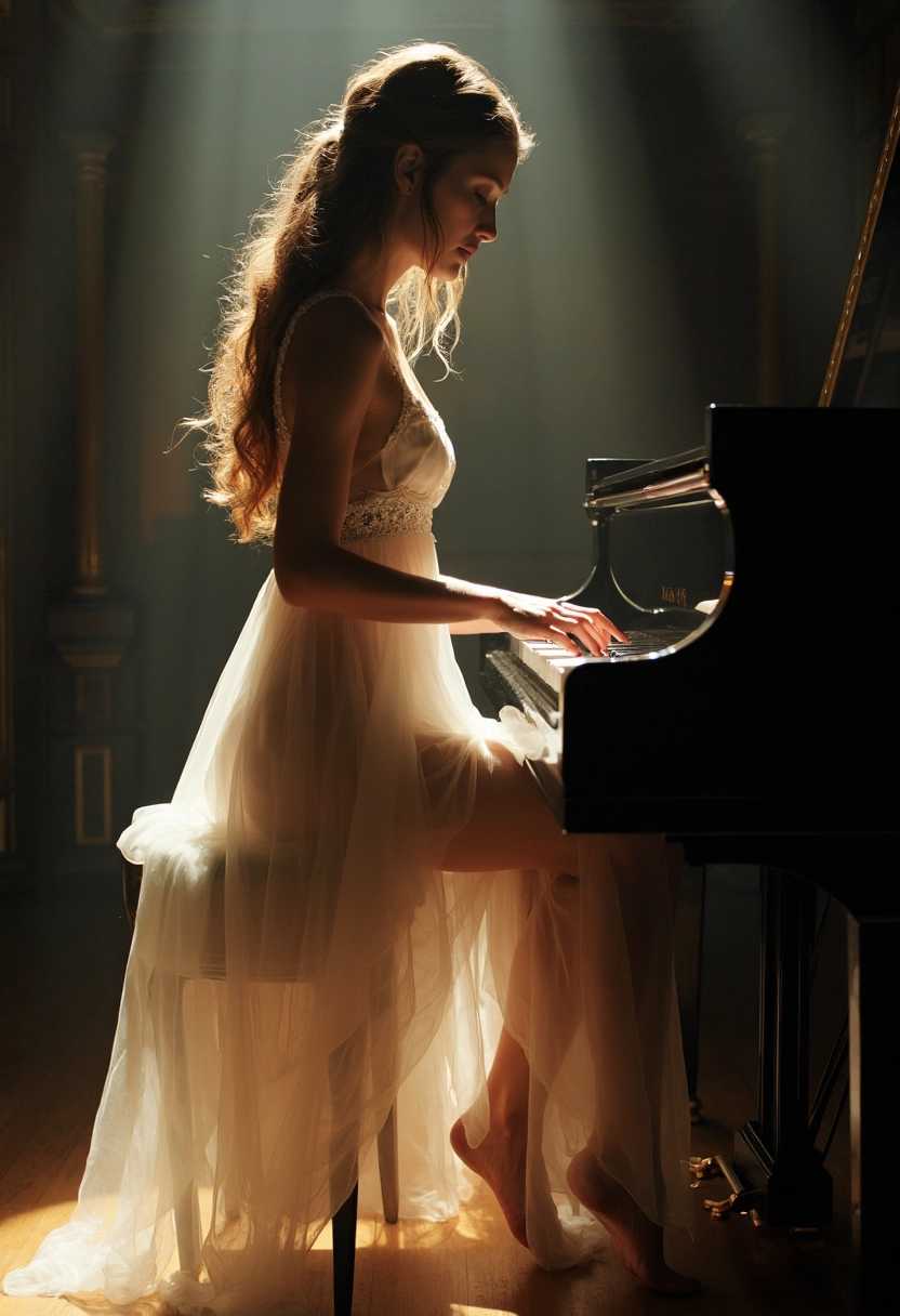 An ethereal figure immersed in music at the piano
