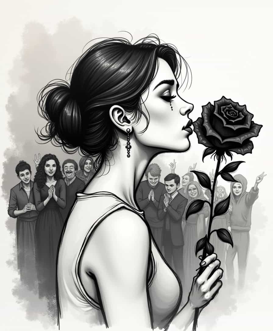 an inksketch of a woman smelling a black rose as a tear rolls down her cheek and people cheer behind her