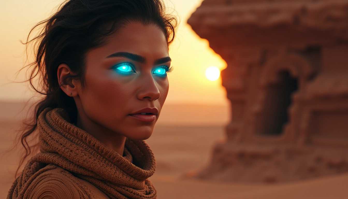 z3ndaya wrapped in sci-fi protection from the harsh desert looks out at the horizon with her piercing glowing blue eyes, the wind is wiping the desert sand and her black hair, she is alone near a cavern