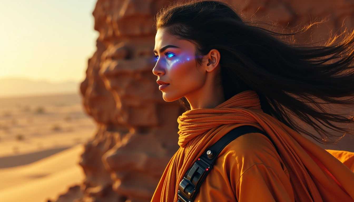 z3ndaya wrapped in sci-fi protection from the harsh desert looks out at the horizon with her piercing glowing blue eyes, the wind is wiping the desert sand and her black hair, she is alone near a cavern