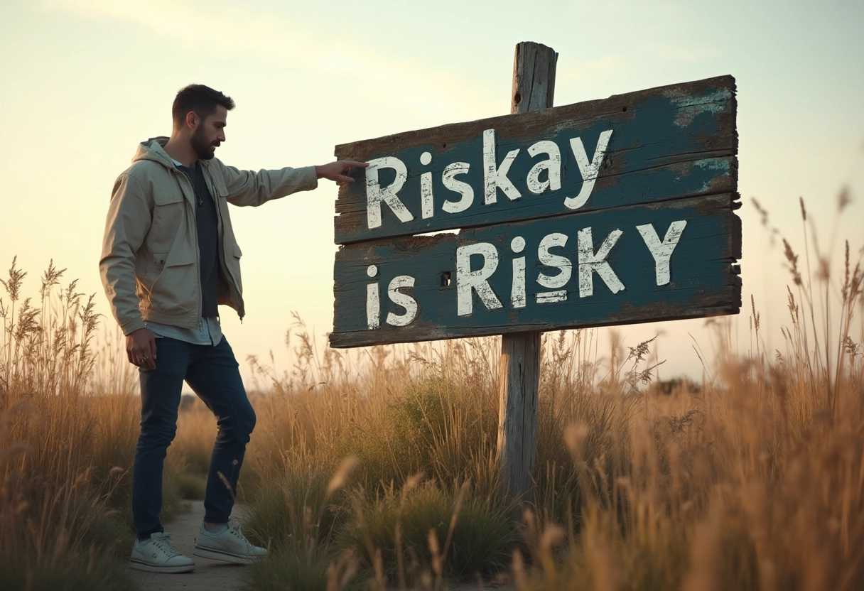 A mid-shot photograph capturing a man standing outdoors. He is dressed in casual attire, with a light jacket, jeans, and sneakers, appearing comfortable and relaxed. The man is pointing with his right hand towards a large, weathered wooden sign that reads "Riskay is Risky" in bold, hand-painted letters. The sign has an aged, rustic look with peeling paint and rough texture, suggesting it's been there for quite some time. The background showcases a late afternoon sky with soft, golden hour lighting that casts warm, gentle shadows. Surrounding the sign, there are tall, wild grasses swaying slightly in the breeze, creating a sense of openness and freedom. The mood is playful yet contemplative, invoking curiosity about the sign's message. The composition is balanced, with the man positioned slightly to the left of center, and the sign taking prominence in the right half of the frame. The overall atmosphere is calm and inviting, with a hint of adventure. Use a shallow depth of field to keep the focus on the man and the sign, blurring the background elements slightly to create a sense of depth and dimension.