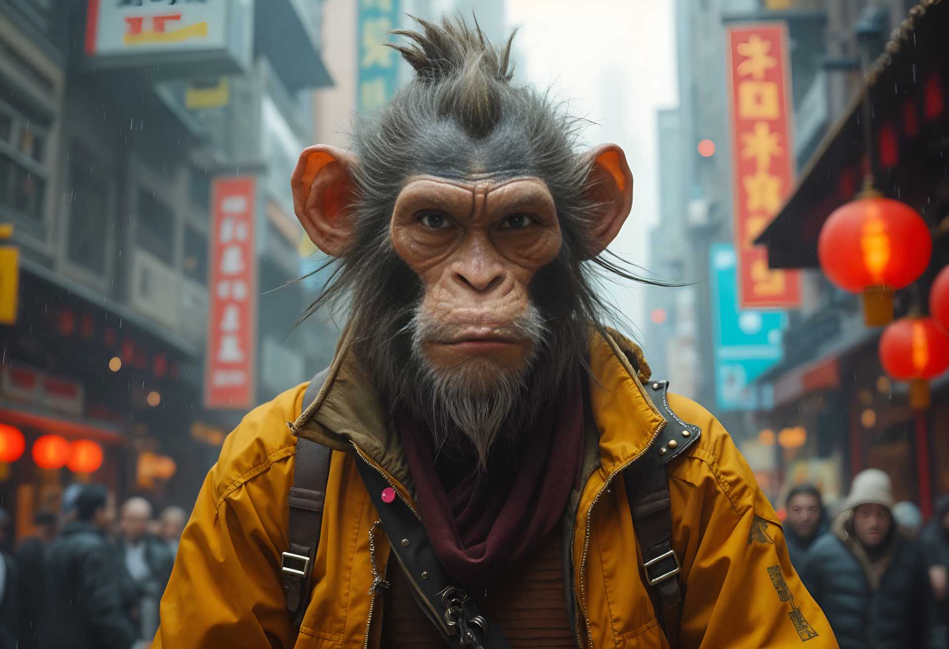 Chimpanzee in a Yellow Jacket Amidst a Busy Asian Cityscape
