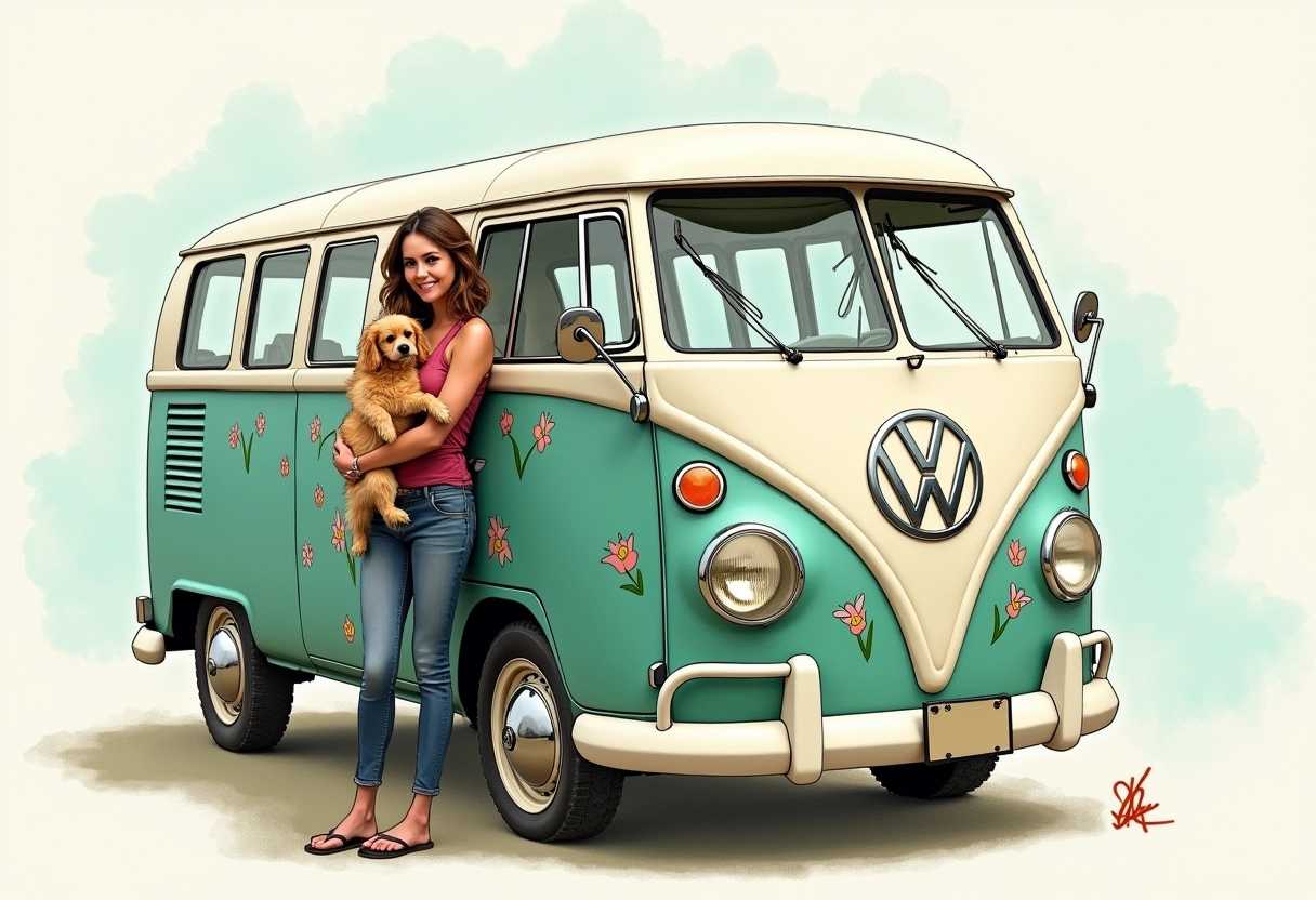 Vintage Volkswagen Van and a Golden Retriever Puppy