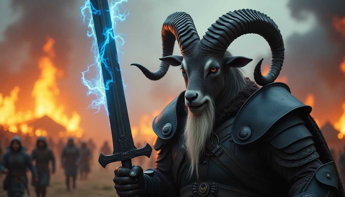 In a cinematic dark fantasy style, a humanoid angry goat wearing detailed black armor. In his hand he holds a steel sword with glowing blue lightning surrounding the blade. The goat has long curled horns and a white beard. In the background is a flaming village and villagers running in fear. Captured in high-definition with an adventurous atmosphere