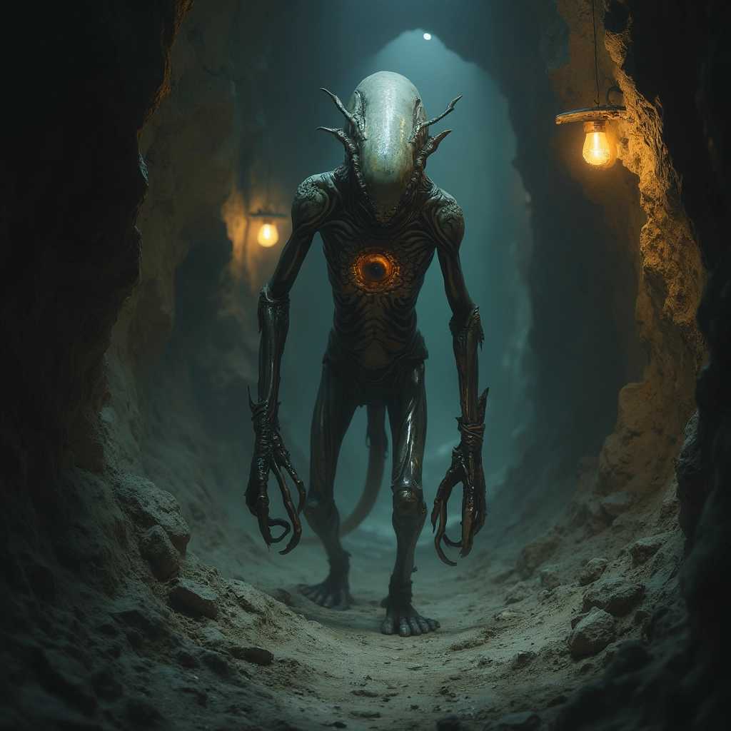 Alien creature with no head, a single large eye in its chest, and club-shaped hands at the ends of long, sinewy arms, standing in a dimly lit mine. The mine is illuminated by faint, flickering lanterns hanging sporadically along rough, rocky walls, casting eerie shadows. The creature's skin has a mottled texture with iridescent, chitinous patches that catch and reflect the limited light. The ground is strewn with mining debris, uneven and covered with loose stones and dirt. The atmosphere is thick with dust, creating a hazy look and contributing to the claustrophobic feel. The scene is painted in dark, muted tones, highlighting the contrast between the dim lantern light and the encroaching darkness of the mine, evoking a sense of mystery and unease. The style is hyper-realistic, capturing every minute detail from the texture of the alien’s skin to the jagged contours of the mine walls. The composition centers on the alien, with a low-angle perspective to emphasize the intimidating and unusual anatomy, making the viewer feel as if they are lurking in the shadows, observing the scene unfold.