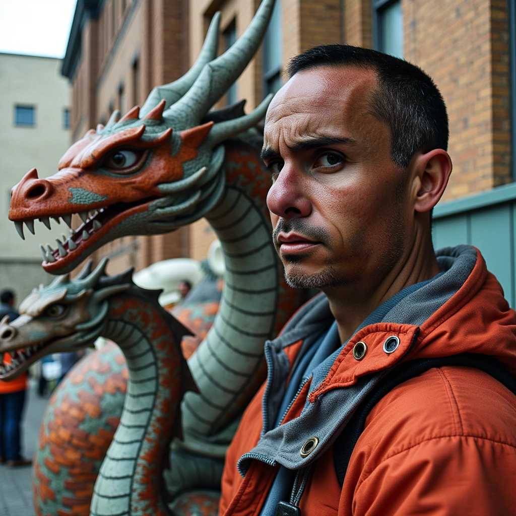 a photo of BLOVE man, dragon next to him