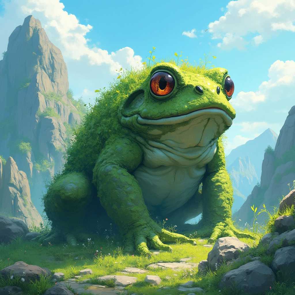 a frog rock golem covered in moss and patches of grass. Mountainous area background, anime, illustration, poster, painting, vibrant