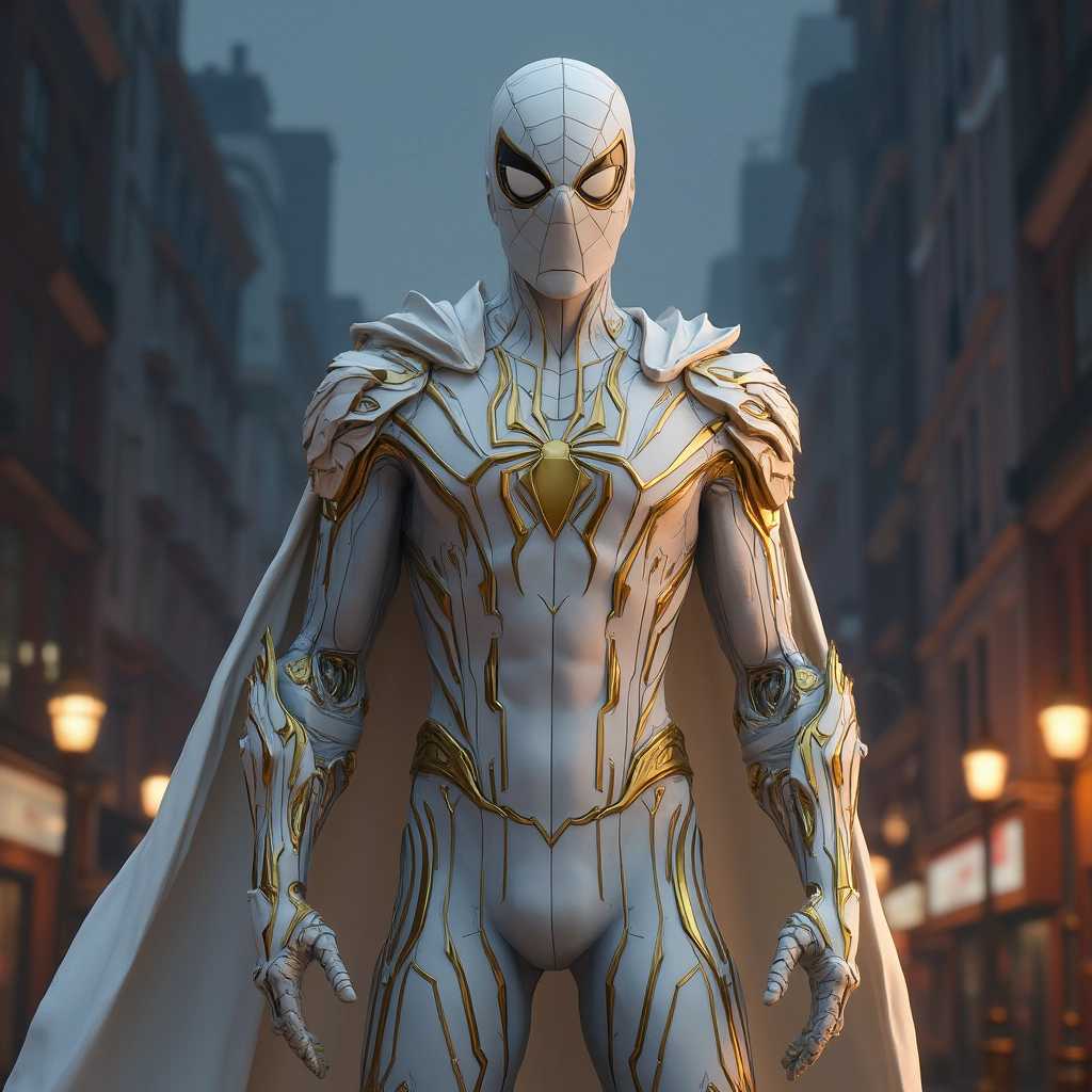 full body shot of spiderman in white and gold armour style suit, no mask on, white cape, looking at center camera, perfect composition, beautiful detailed intricate insanely detailed octane render trending on artstation, 8k artistic photography, photorealistic concept art, soft natural volumetric cinematic perfect light, chiaroscuro, award-winning photograph, masterpiece, oil on canvas, raphael, Caravaggio, Greg Rutkowski, beeple, beksinski, giger, trending on artstation, sharp focus, studio photo, intricate details, highly detailed, night city background, by greg rutkowski