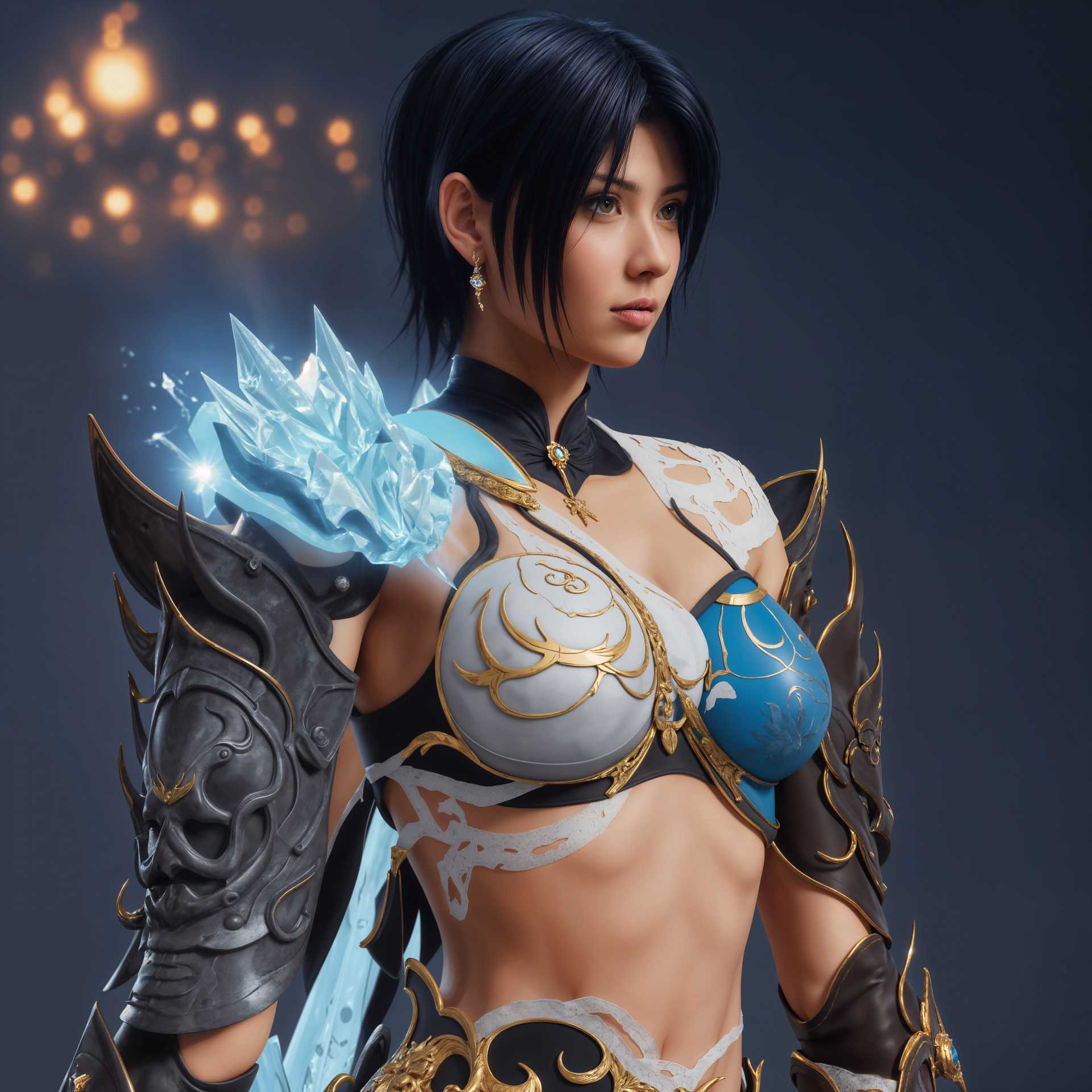 An armored warrior with a crystalline shoulder pauldron, poised for battle.